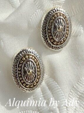SPRING BASIC +Two-Tone Silver and Gold Oval Floral Stud Earrings +Monument